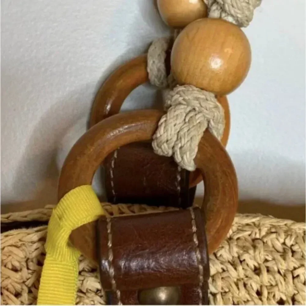 Fossil Multi-Colored Raffia Straw Shoulder Bag with Leather Straps Wood Accents